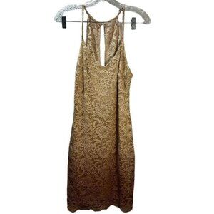 Teeze Me Gold Ombre V Neck Floral Lace Slip Strap Halter Dress Small